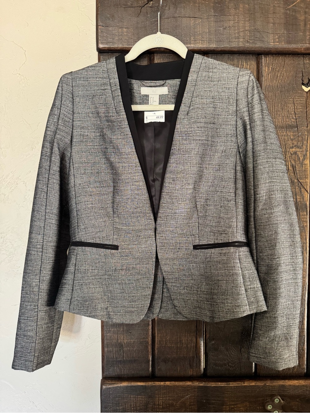 H&M Grey Collarless Women's Blazer with Black Trim